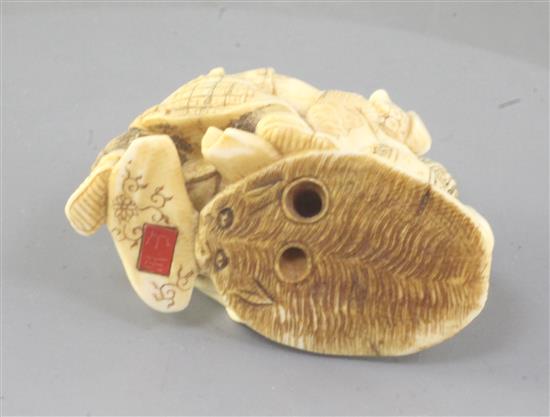 A Japanese ivory okimono netsuke of three Samurai warriors fighting, width 5.6cm